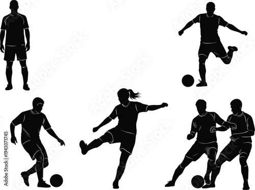 Soccer player silhouettes set with men and women athletes playing football, kicking ball, dribbling and tackling in professional sports match action poses