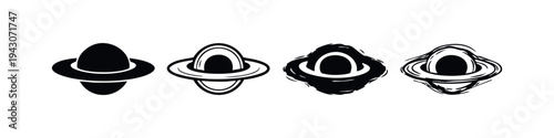 Cosmic Ringed Planet Icons Set. Planetary Object Vector Art. Celestial Body Symbols with Stylized Grunge and Outline Effects.