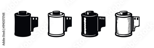 Camera Film Roll Icons Set. Photography Film Cartridge and Canister Symbols. Vintage Analog Photo Equipment Vector.