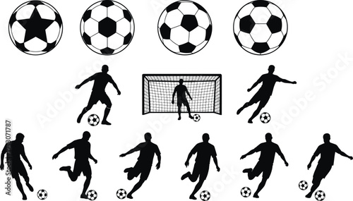 Soccer player silhouettes set with football balls and goal post, athletes kicking ball, goalkeeper standing, professional sports action poses, football championship icons