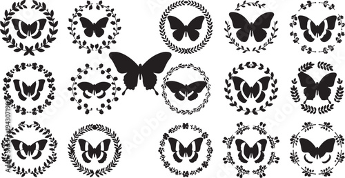 Black Butterfly Silhouettes with Floral Wreaths on White Background