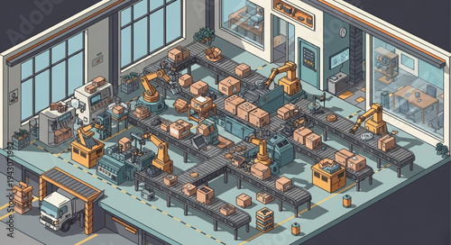 Isometric Factory Workers Assembling Products.