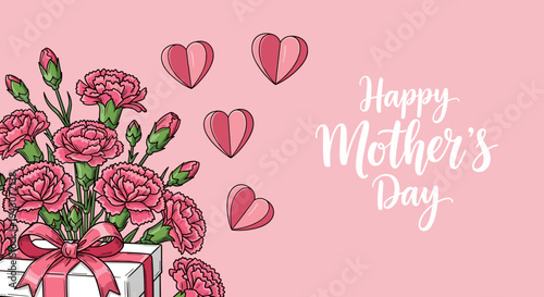 A vibrant illustration featuring pink carnations, hearts, and a gift box, designed in a modern style for Mother's Day