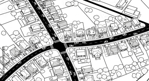 Detailed Black and White Street Map Illustration with Buildings.