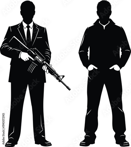 Strong man in business suit holding assault rifle silhouette, male security guard character in casual clothes standing with hands in pockets.