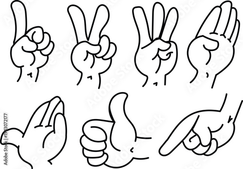 Vector art compilation of diverse hand gesture line illustrations for communication