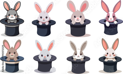 Set of cute cartoon rabbits in magic hats collection featuring various bunny characters with different colors and patterns popping out of top hats