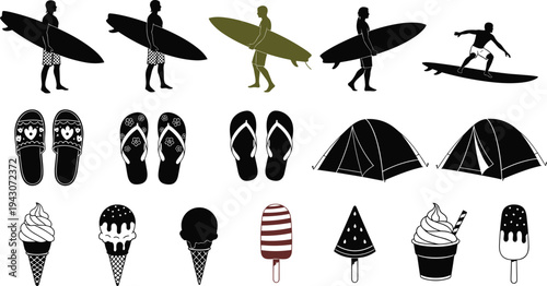 Surfer silhouettes carrying boards, diverse flip flops and summer footwear, camping tents for outdoor adventure, collection of ice cream and popsicle icons.