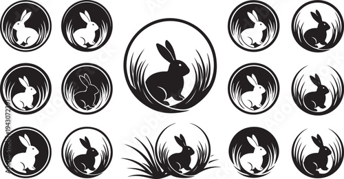 Black and white rabbit silhouettes in various circular designs