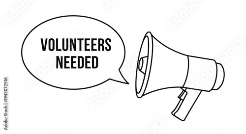 Black and white illustration of a megaphone with a volunteers needed message