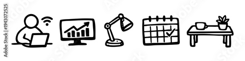 Hand-drawn doodle icons representing remote work, productivity, and business growth, including a person with a laptop, data chart, desk lamp, calendar, and office desk.