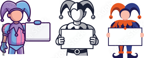 Three different jester characters holding blank white banners for text in colorful monochrome and comic styles for circus and carnival announcements