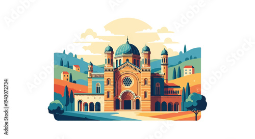 Colorful vector illustration of a classic building with scenic landscape