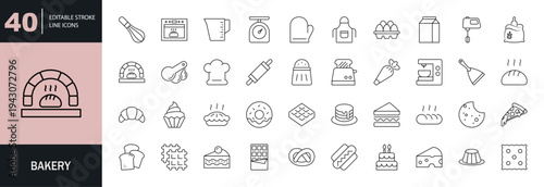 Bakery icon set. Containing bread, pie, cake, donut, croissant, pancakes, cupcake, oven, baking tools, cookies, birthday cake, chocolate, and more. Editable line icons. Vector illustration.