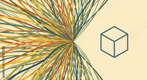 Abstract visualization of data convergence and analysis with a cube icon representing technology or science