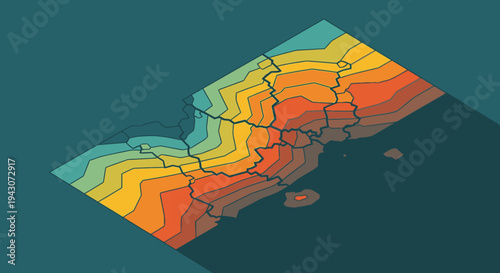 Abstract isometric map with colorful contour lines and long shadow on a teal background