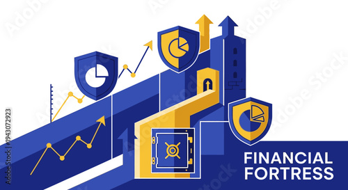 Financial fortress concept with secure vault, charts, graphs, and shields representing investment safety and protection