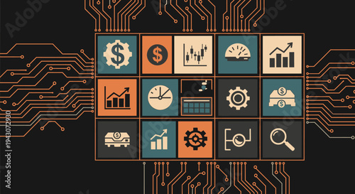 Collection of flat icons representing business, finance, and technology concepts on a circuit board background