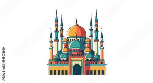 Colorful architectural illustration of a religious structure on white background
