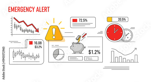 Emergency Financial Alert Illustration: Visualizing Economic Downturn, Market Crash, Savings Risk, and Business Data Analysis