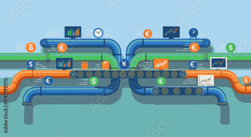 Financial data processing and currency exchange concept with pipes and conveyor belts