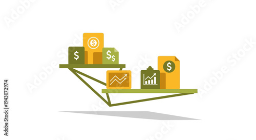 Business finance concept with dollar signs, charts, and graphs on two shelves, symbolizing income, expenses, investment analysis, and financial planning.
