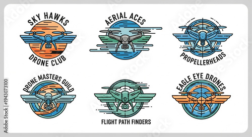 Collection of drone club logos featuring various designs and names.