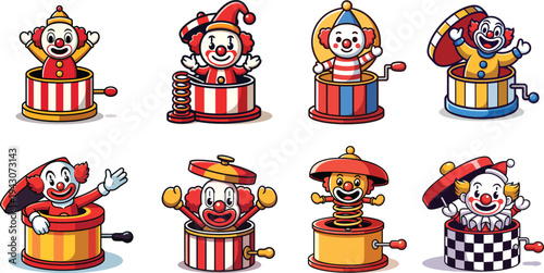 Eight cartoon jack in the box clowns, diverse vintage toy designs, perfect for children entertainment and whimsical themes