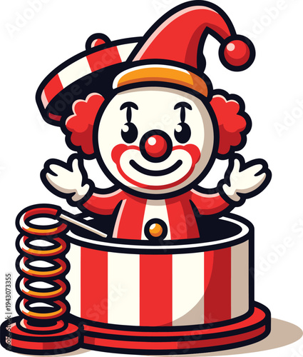 Jack in the box clown popping out of a red and white striped box with springs surprise toy for april fools day celebration fun
