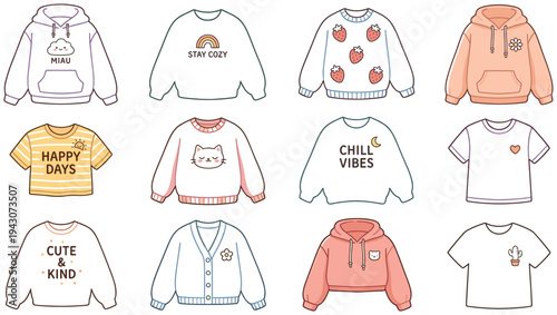 Cute pastel clothing icon set with cozy hoodies, sweaters, t shirts and cardigans featuring playful prints and cozy fashion apparel vector illustration