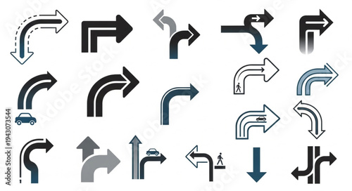 Collection of Directional Arrow Icons for Navigation and Wayfinding.