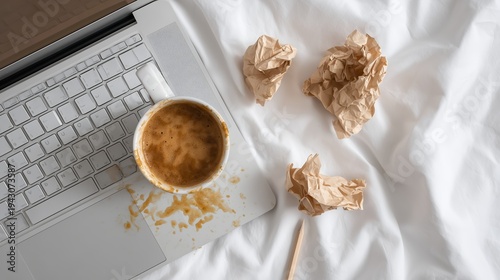 Spilled coffee cup on laptop keyboard in bed. Crumpled paper balls on white sheets, top view home workspace mess, stress and productivity concept, copy space.