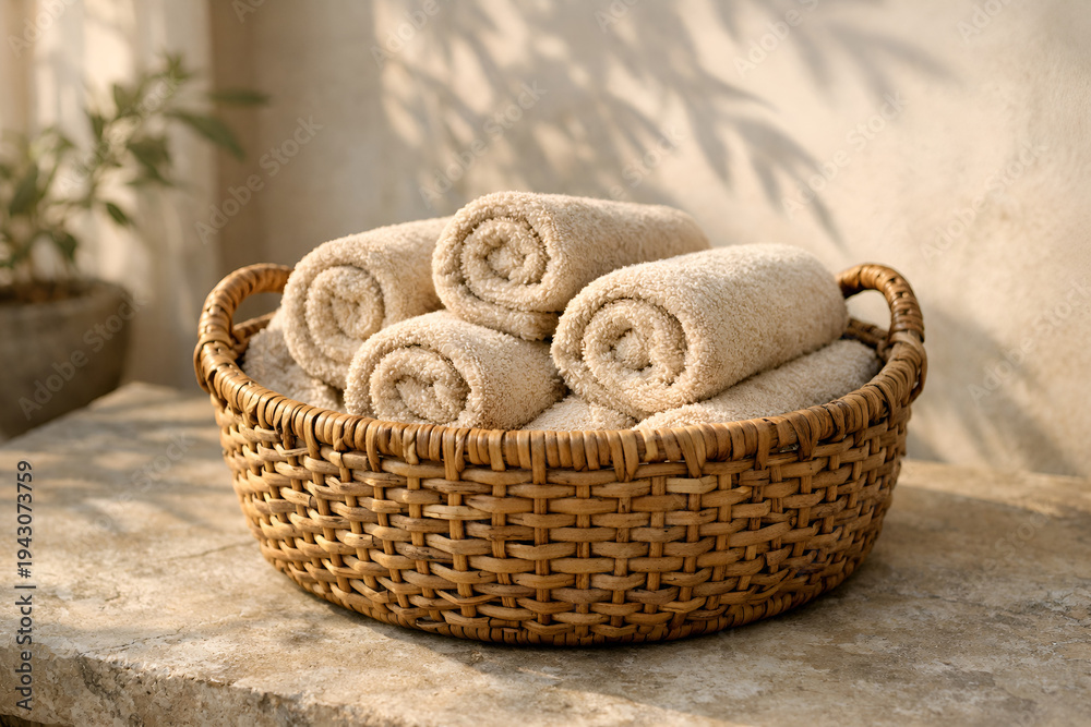 Obraz premium Cozy spa composition with soft rolled towels arranged in woven wicker basket under warm natural light. Calm wellness concept ideal for spa advertising, hotel hospitality branding.