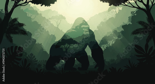 Majestic gorilla silhouette in a dense, misty tropical jungle, bathed in ethereal sunlight, symbolizing the untamed spirit and raw beauty of wild nature