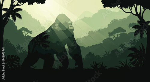 Majestic Gorilla Silhouette within a Lush, Sun-Dappled Jungle Landscape Illustration