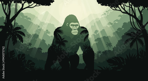 Majestic gorilla silhouette stands tall in the dense, sun-drenched jungle, embodying raw power and the untamed spirit of the wild