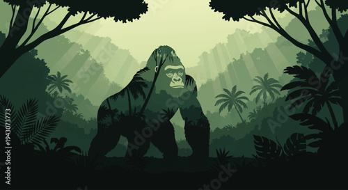 Powerful gorilla silhouette stands tall in the heart of a lush, mystical jungle, bathed in soft, ethereal light filtering through dense foliage, evoking the raw spirit of the wild