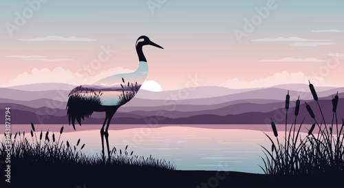 Serene natural landscape featuring a majestic crane in silhouette with a stunning sunset over tranquil waters and distant mountains, embodying peace and natural beauty