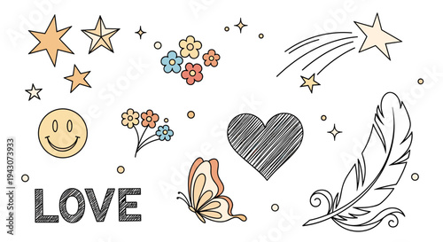 A whimsical collection of doodles featuring stars, flowers, butterflies, and hearts in a playful, hand-drawn style