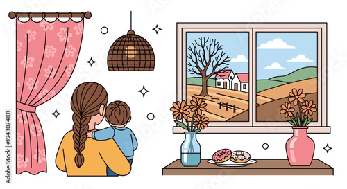 A cozy indoor scene featuring a mother holding her child, with a view of a countryside landscape through the window, illustrated in a modern, flat style