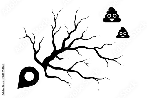 A tree silhouette icon with a location pin and poop emojis