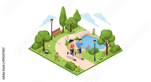 Isometric Park Scene with People Walking.