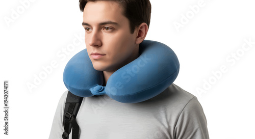 Traveler wearing blue inflatable neck pillow on white background