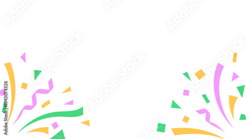 Colorful party confetti and geometric shapes exploding on a white background with copy space.