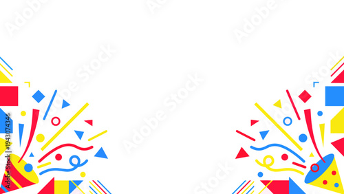 Colorful party confetti and geometric shapes exploding on a white background with copy space.