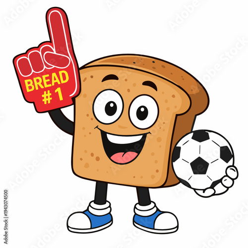 Excited toast mascot holding soccer ball and foam finger number one. Bread sports fan character conveys victory, support, competition spirit and playful team energy.