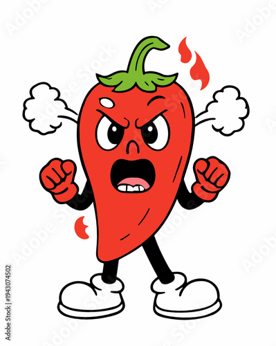 Fiery red chili pepper mascot with an angry face, steam clouds and flame accents. Spicy cartoon character vector for hot sauce branding, food labels, stickers and promo graphics.