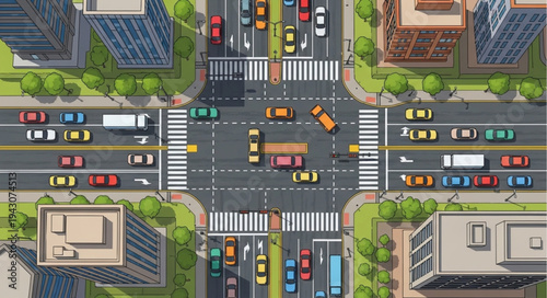 Aerial View of a Busy City Intersection with Traffic.