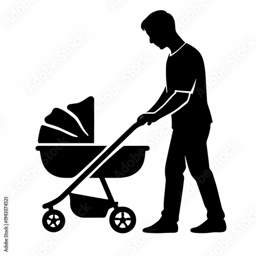 Silhouette of a father pushing a baby stroller during a walk. Parenthood vector illustration for childcare, fatherhood, outdoor routine, newborn care and modern family lifestyle.