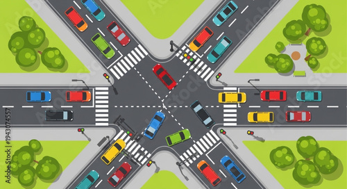 Aerial View of a Busy Intersection with Cars and Pedestrian Crossings.